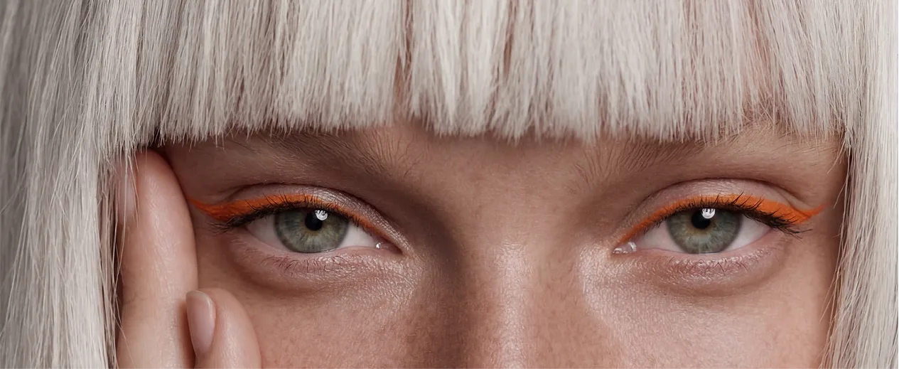 Woman with white hair and bold orange eye makeup — striking brand identity visual by Ctrl+B