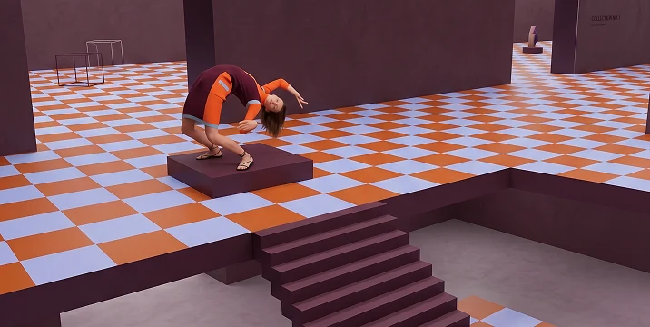 Human figure balancing on a checkered floor in a surreal architectural space — AI-generated content with art direction by Ctrl+B Agency